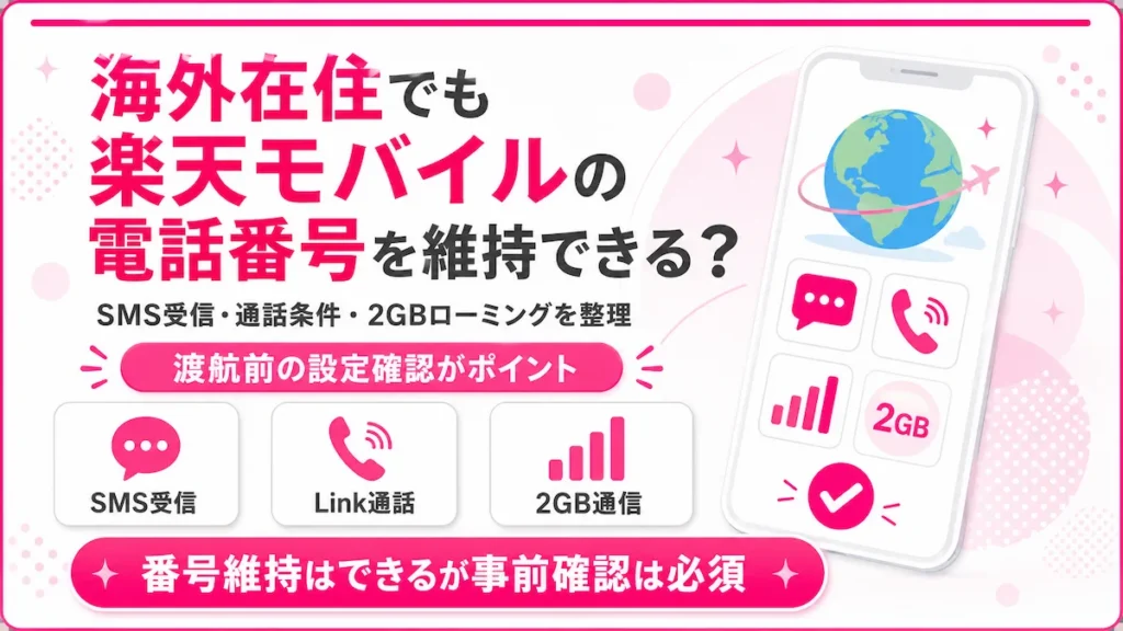 海外在住でも楽天モバイルの日本の電話番号を維持できる条件とSMS受信・通話・2GB通信をまとめた図解