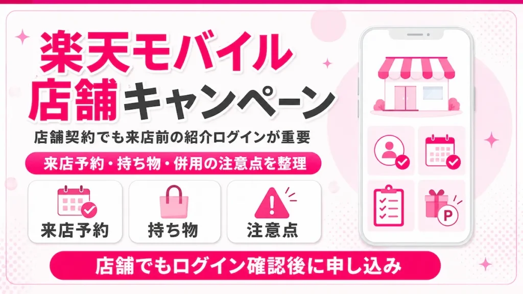 楽天モバイル店舗キャンペーンの来店予約・持ち物・注意点を整理したイメージイラスト