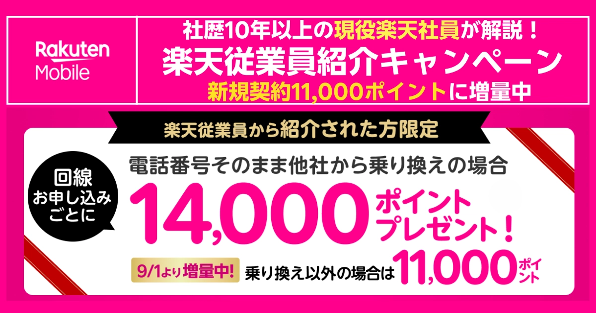 現役楽天社員が解説する従業員紹介。新規11,000ポイント増量とMNP14,000ポイントを告知するバナー