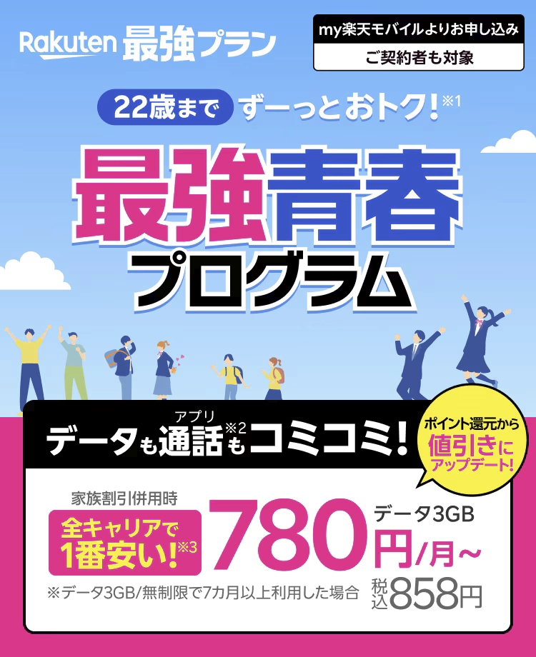 楽天モバイルの「最強青春プログラム」キャンペーン告知画像。22歳までデータ通信と通話が含まれるプランが、家族割引適用で月額780円（税込858円）から利用可能。ポイント還元から値引きに変更され、よりお得にアップデート。