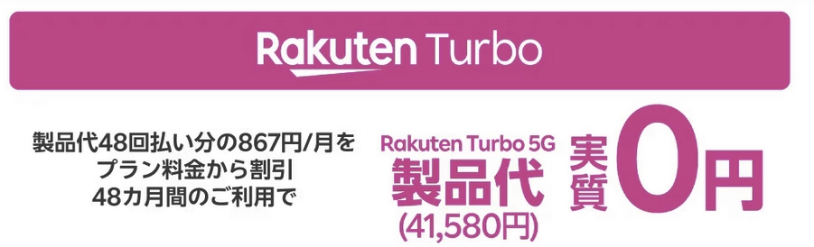 楽天ターボ 5Gの製品代が実質0円になるキャンペーンを告知する画像。41,580円の製品代が48カ月間の割引で無料になることが説明されている。