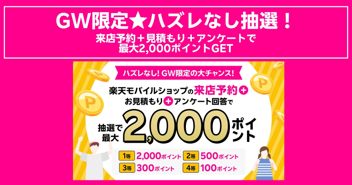 GW限定で楽天モバイルショップ来店予約などで最大2,000ポイントが当たる抽選キャンペーンバナー