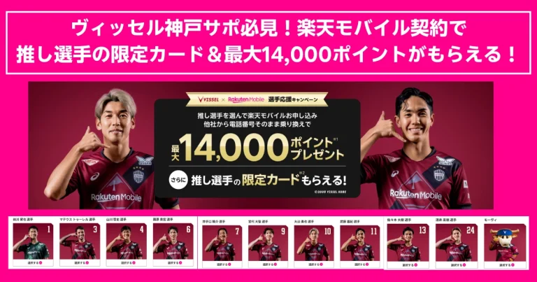 ヴィッセル神戸選手応援キャンペーンの告知画像。楽天モバイル契約で推し選手の限定カードと最大14,000ポイントがもらえる。大迫勇也選手らを含む11名の選手とモーヴィが登場。