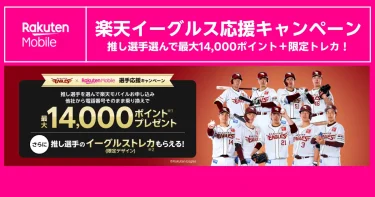 楽天イーグルス応援キャンペーンのアイキャッチ画像。推し選手を選んで申し込むと最大14,000ポイントと限定イーグルストレカがもらえる特典を強調