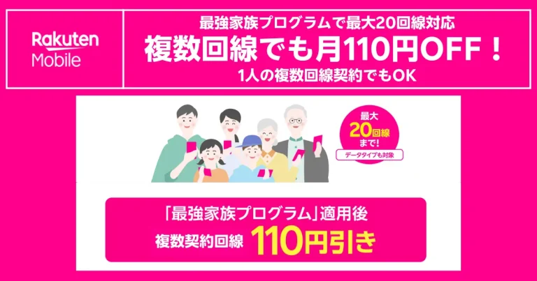 楽天モバイル最強家族プログラムで1人複数回線も月110円割引になることを訴求するピンク背景バナー