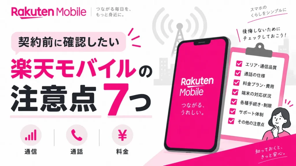 楽天モバイルの注意点7つを通信・通話・料金など契約前の確認項目として整理したアイキャッチ