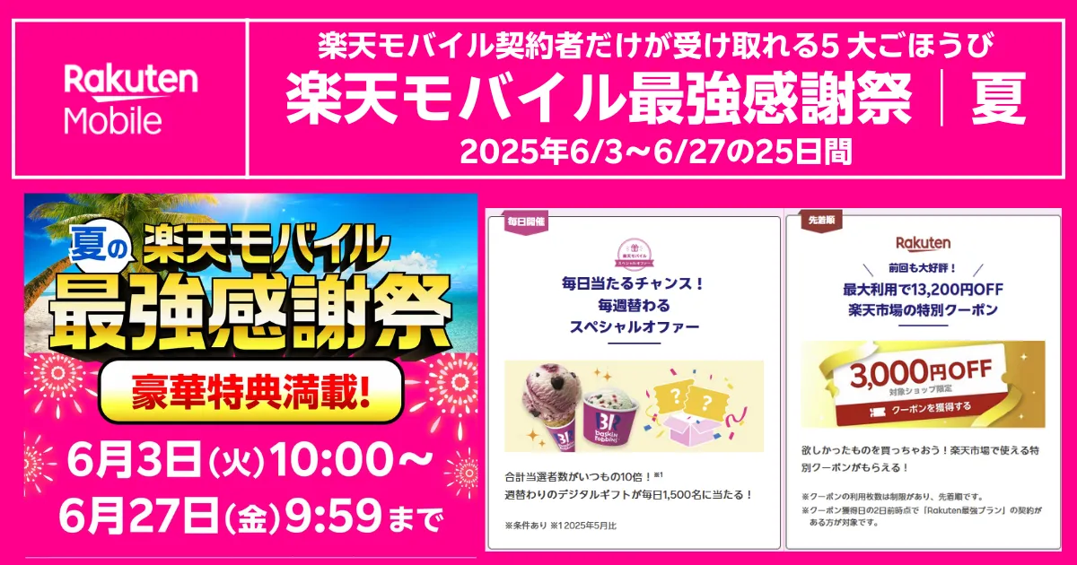 【楽天モバイル最強感謝祭│夏】5大特典を全部取りする方法（2025年6/3〜6/27）
