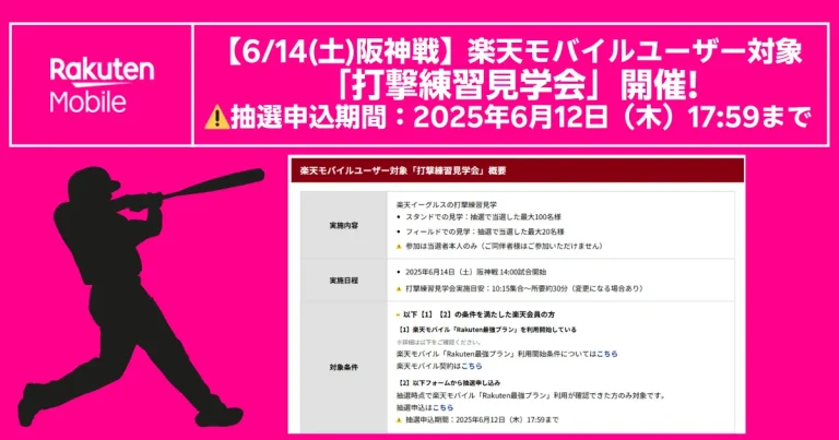 楽天モバイル契約者限定で楽天イーグルスの打撃練習をフィールドから観覧するイメージ