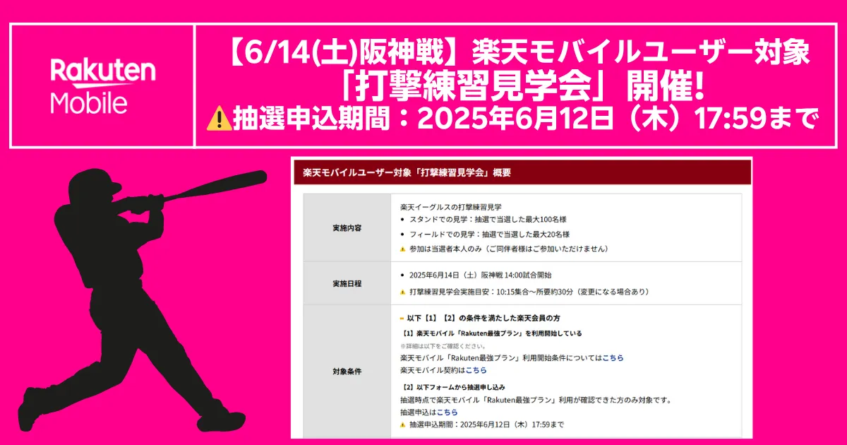 楽天モバイル契約者限定で楽天イーグルスの打撃練習をフィールドから観覧するイメージ