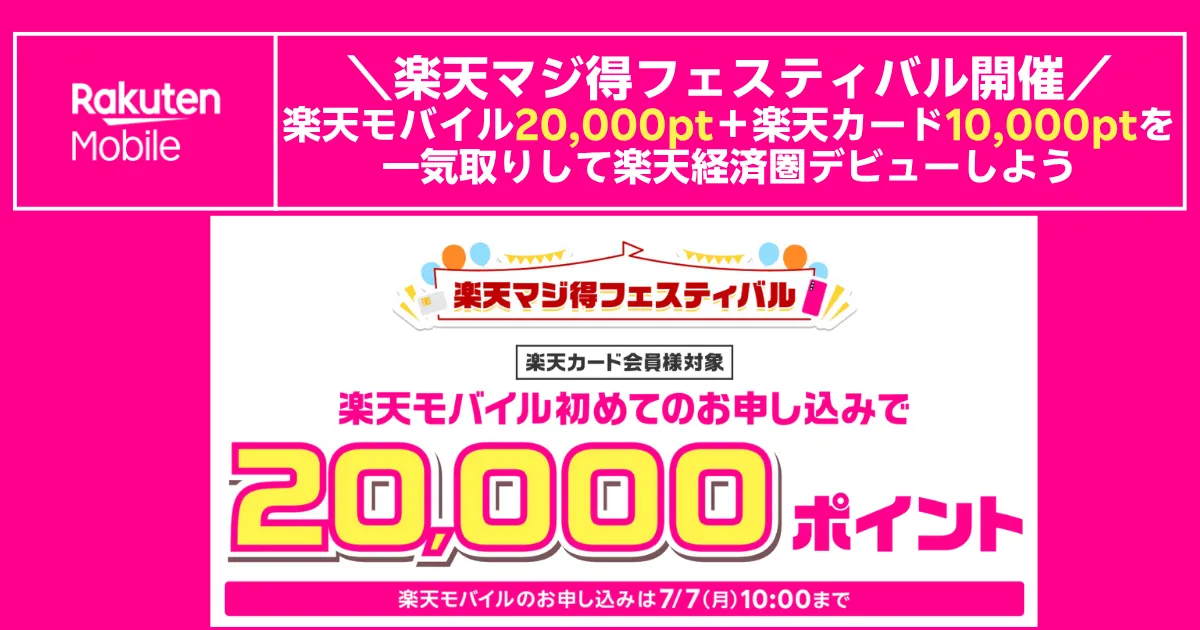 楽天マジ得フェスティバルの告知バナー。楽天モバイル20,000ポイントと楽天カード10,000ポイントをまとめて獲得できる夏キャンペーン