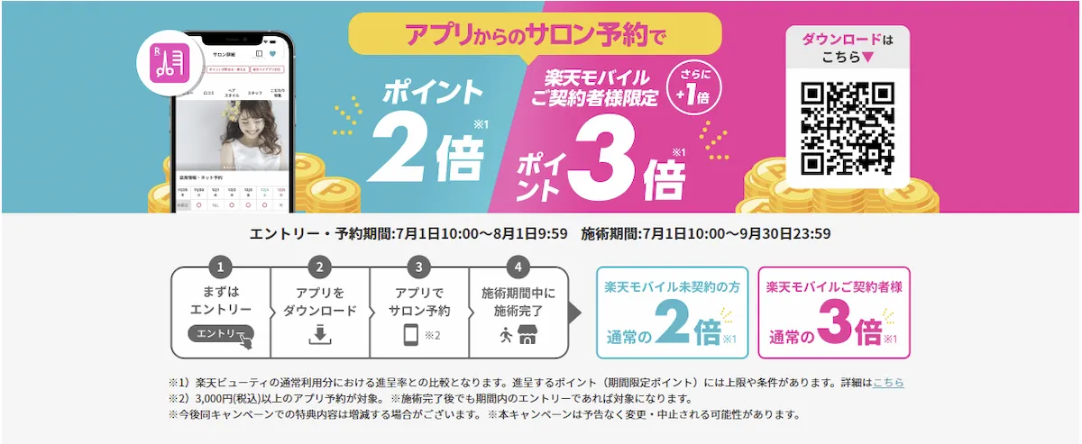 楽天ビューティのアプリからサロン予約するとポイント2倍、楽天モバイル契約者はさらに+1倍で計3倍になるキャンペーンの案内バナー。エントリー・予約期間は7月1日〜8月19日、施術期間は7月1日〜9月30日。手順1〜4のフローとQRコードも掲載。