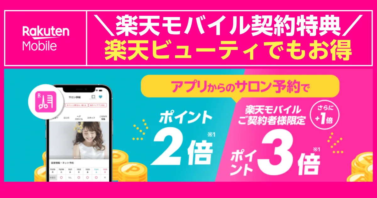 楽天モバイル契約者特典：楽天ビューティのアプリからサロン予約すると通常ポイント2倍、楽天モバイル契約者はさらに+1倍で合計3倍になるキャンペーンを告知するバナー。スマホ画面とポイントコインのイラスト入り。