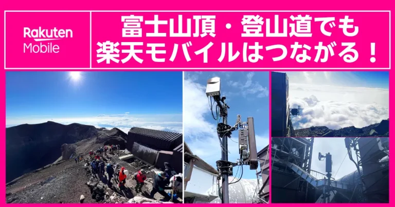 楽天モバイルが富士山の山頂や登山道でも利用可能であることを示す案内画像。2025年の夏山シーズン中、山頂の一部で5G通信も利用できることを、山頂の風景や設置された基地局の写真とともに伝えています。