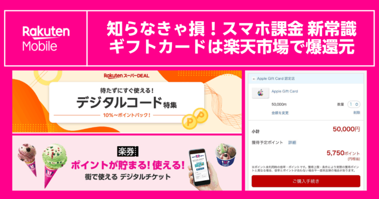 楽天市場やスーパーDEAL活用でギフトカードをお得に買えることを訴求するバナー