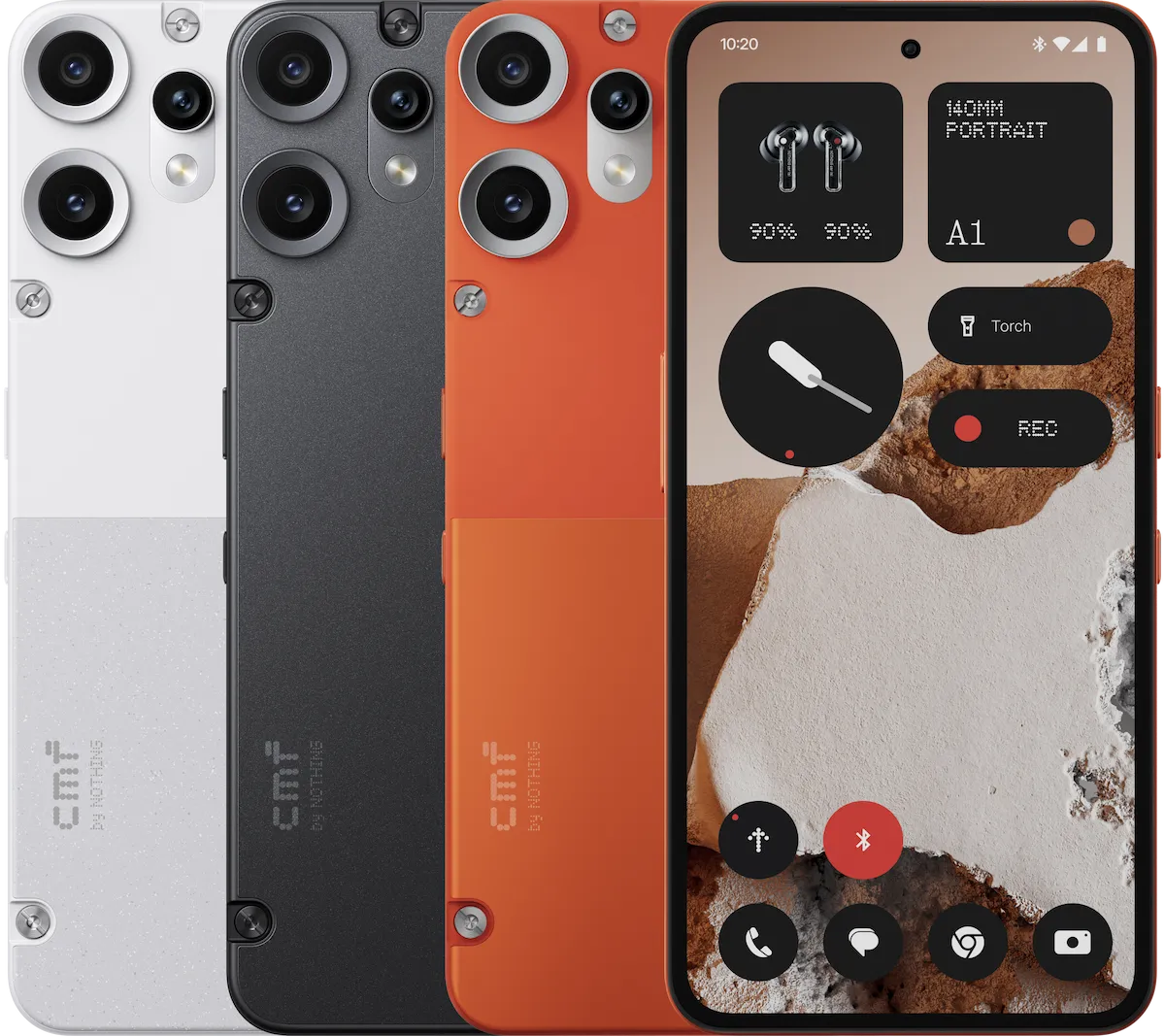 CMF Phone 2 Proのホワイト・ブラック・オレンジ3色とホーム画面を並べた公式プロモーションイメージ