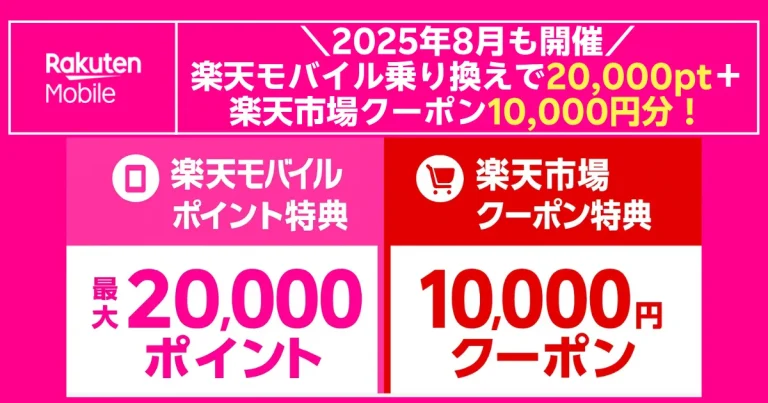2025年8月開催の楽天モバイル乗り換え＆楽天市場特典告知バナー。ピンク地に楽天モバイルロゴ、見出しで『乗り換えで最大2万ポイント＋楽天市場クーポン1万円分』と強調。左側にスマホアイコンと“楽天モバイルポイント特典 最大20,000ポイント”、右側にカートアイコンと“楽天市場クーポン特典 10,000円クーポン”を大きく表示した訴求画像。
