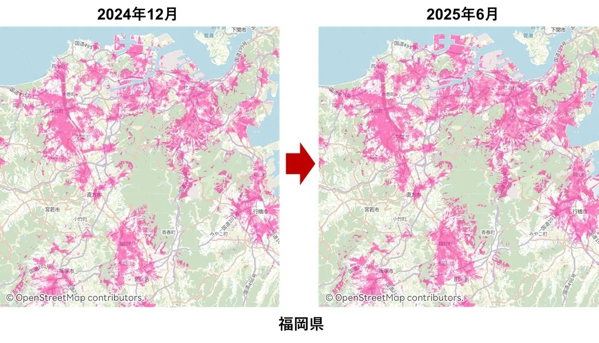 楽天モバイルのサービスエリア拡大マップ。福岡県の2024年12月時点（左）と2025年6月時点（右）を比較し、ピンク色の通信可能エリアが広がっている様子を示している。