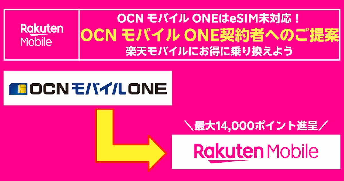 OCNモバイルONEはeSIM未対応。楽天モバイルへの乗換で最大14,000ポイント進呈を案内する比較バナー