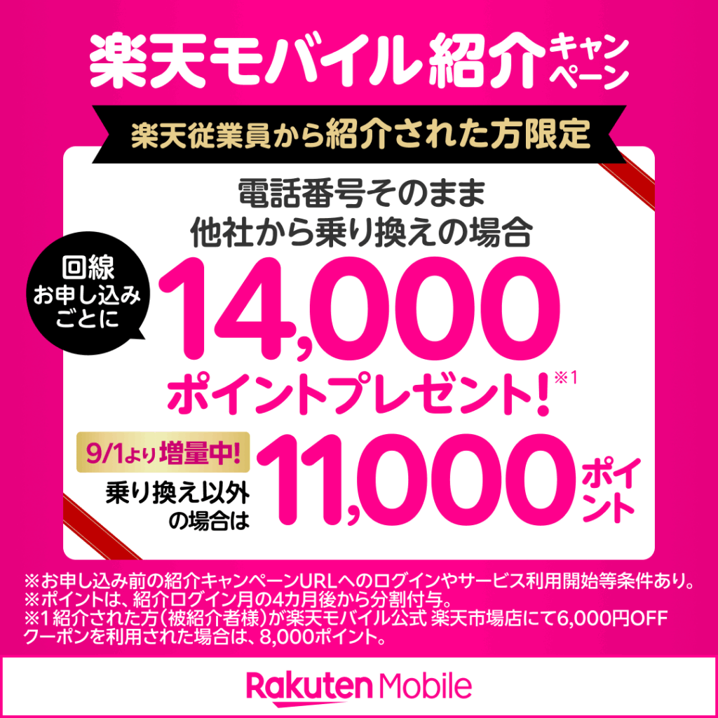2025年9月1日更新の従業員紹介。新規11,000／MNP14,000pt増量を告知する楽天モバイル画像