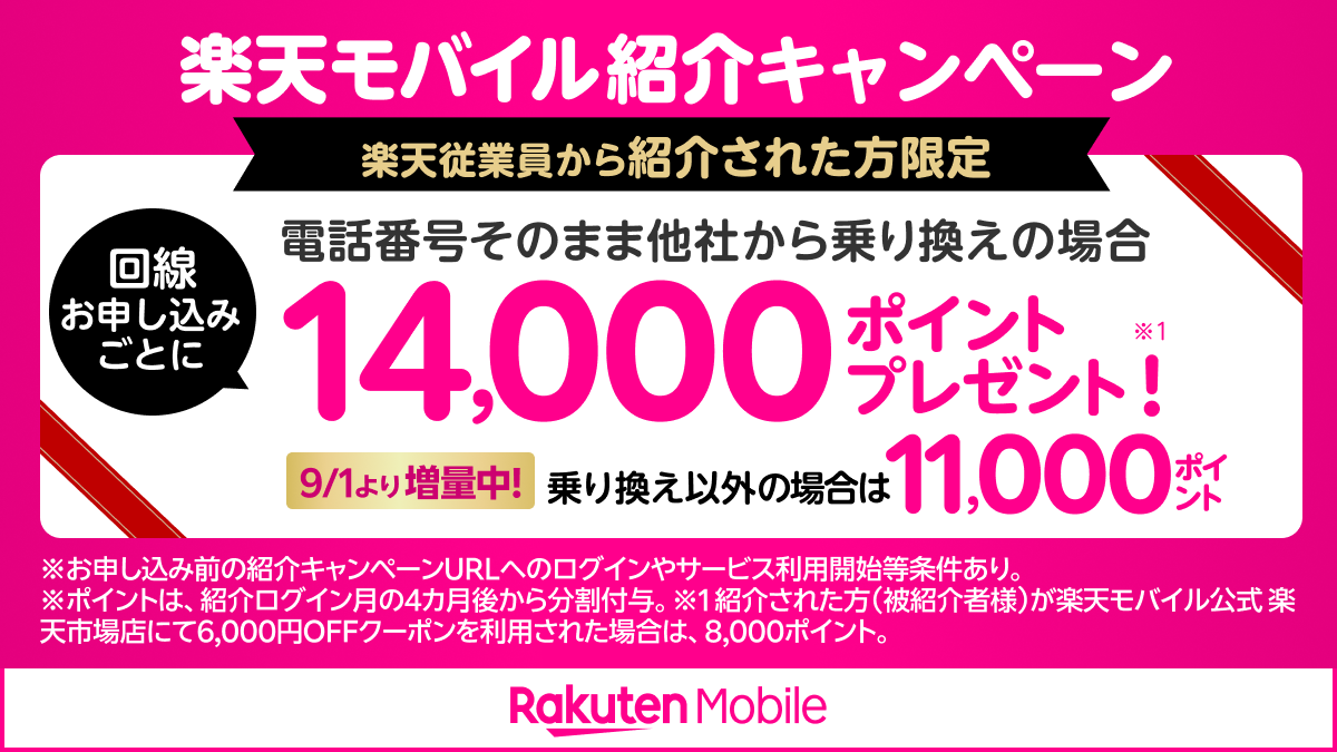 2025年9月1日更新の従業員紹介キャンペーン横長バナー。新規11,000／MNP14,000pt増量を案内