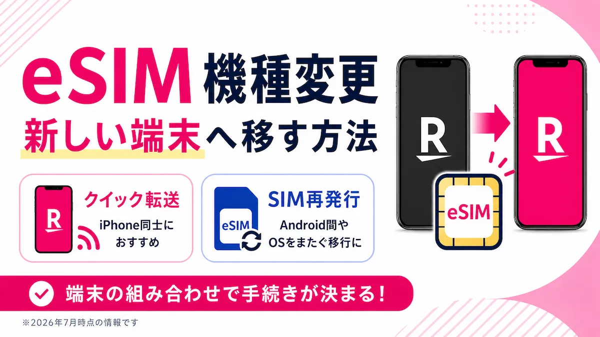 楽天モバイルのeSIMを機種変更で新しい端末へ移す方法を解説するアイキャッチ