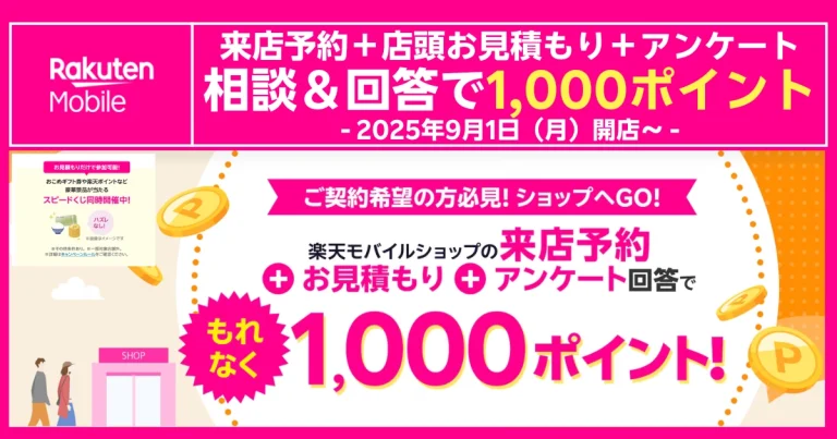 楽天モバイル来店予約＋見積もり＋アンケートで1,000ポイント進呈、2025年9月1日開始の告知バナー