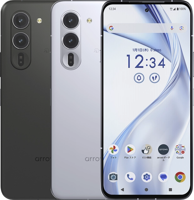 arrows Alphaの前面と背面デザイン。ブラックとホワイトの2色を並べた製品画像