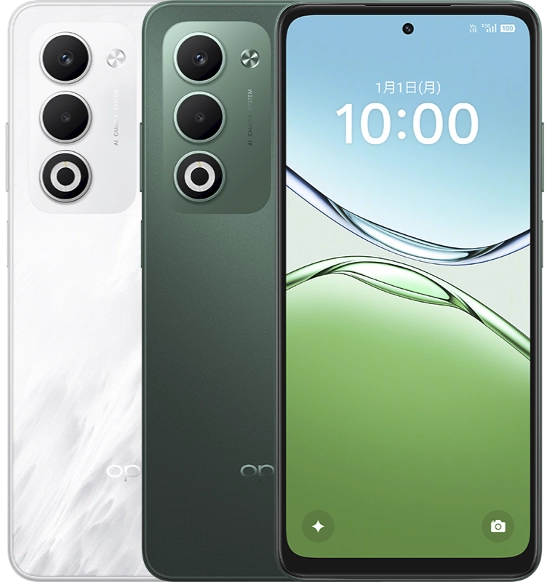 OPPO A3 5Gの前面と背面デザイン。ホワイトとグリーンの2色を並べた楽天モバイル取扱機種画像