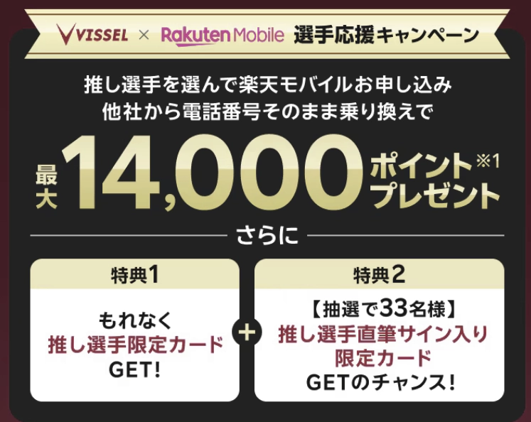 ヴィッセル神戸×楽天モバイル選手応援キャンペーンでMNP契約最大14,000ポイント進呈案内画像