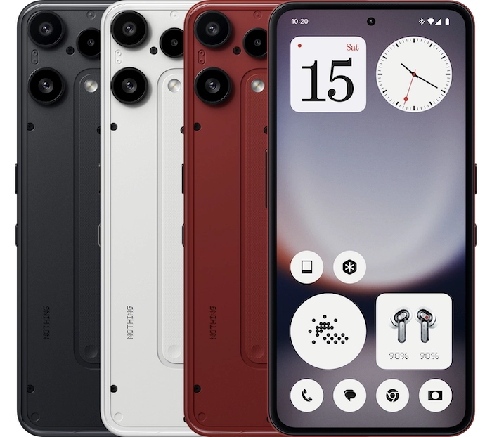 Nothing Phone (3a) liteの前面と背面デザイン。ブラック・ホワイト・楽天モバイル限定レッドの3色展開