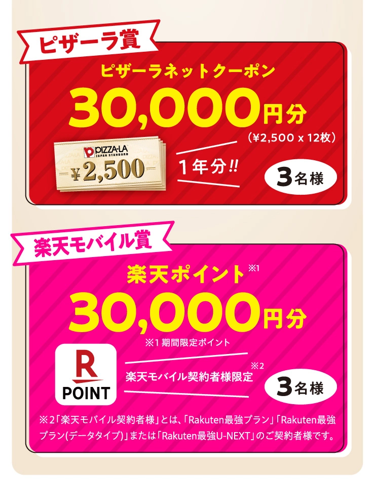 ハートピザ フォトコンテスト 2026 賞品詳細。ピザーラ賞：ピザーラネットクーポン30,000円分（1年分/3名様）。楽天モバイル賞：楽天ポイント30,000ポイント（期間限定ポイント/楽天モバイル契約者様限定/3名様）。
