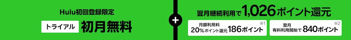 Hulu初回登録特典の案内。初月無料に加え、翌月継続利用で合計1,026ポイント還元される仕組みを解説