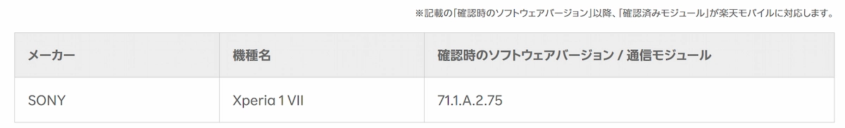 Xperia 1 VIIが楽天回線対応製品に追加されたことを示す対応ソフトウェア一覧表 