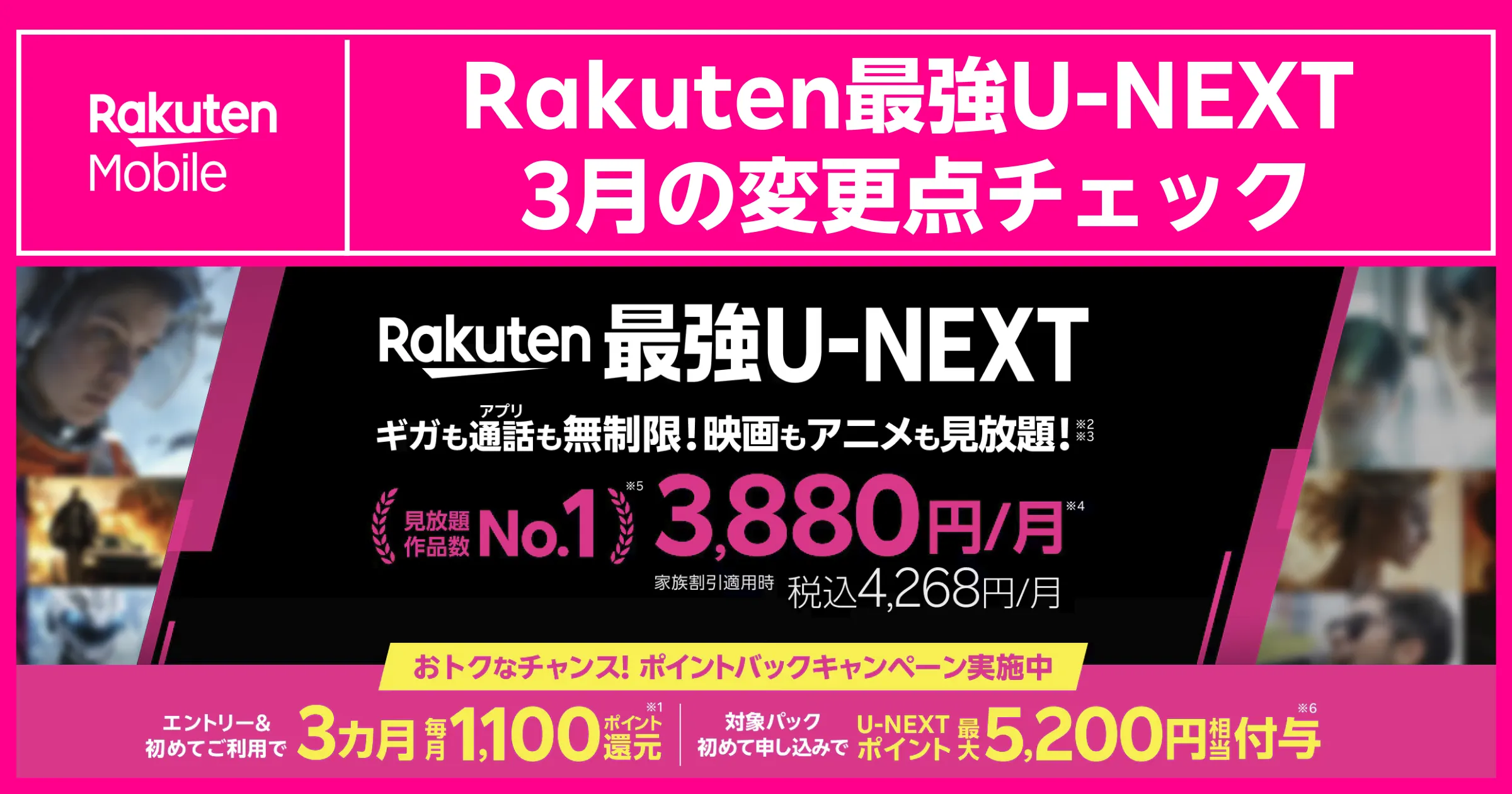 Rakuten最強U-NEXTの3月変更点チェック画像（毎月1,100pt×3カ月と最大5,200pt）