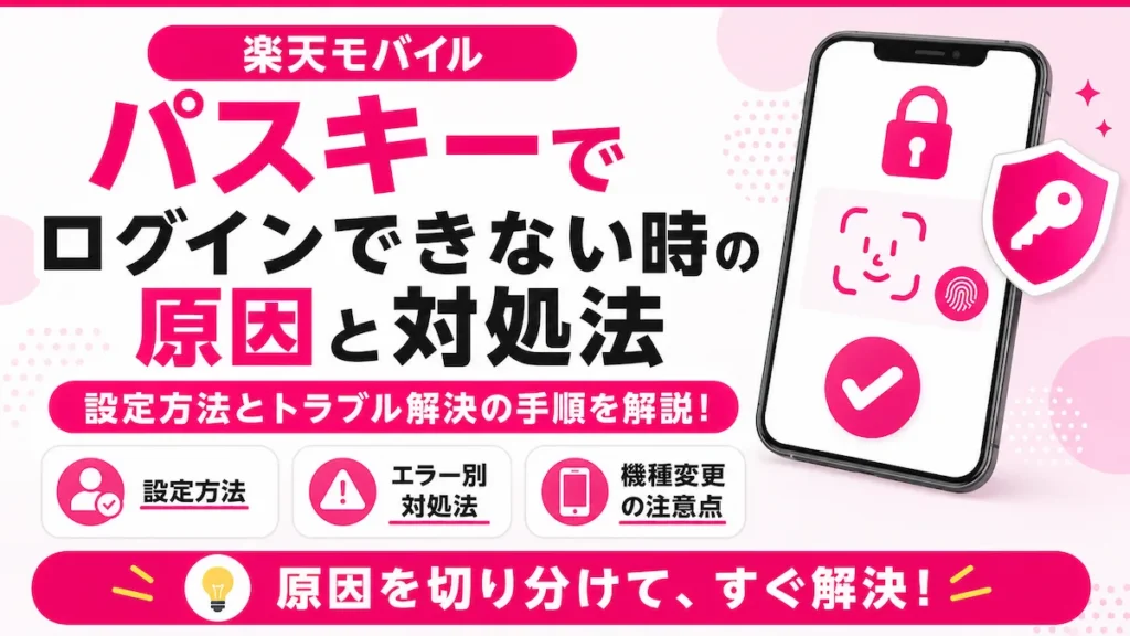 楽天モバイル パスキーでログインできない時の原因と対処法を、設定方法・エラー別対処・機種変更の注意点で解説するアイキャッチ画像
