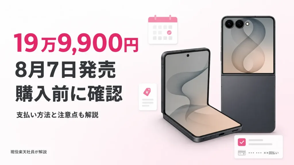 楽天モバイル Galaxy Z Flip8を開いた状態と閉じた状態で並べ、価格19万9,900円・8月7日発売・購入前の確認ポイントを紹介するアイキャッチ画像 主KW「楽天モバイル Galaxy Z Flip8」を1回含み、単語の羅列