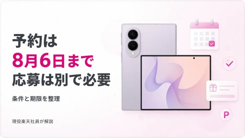 楽天モバイルのGalaxy Z Fold8予約は8月6日まで、応募は別途必要と案内するアイキャッチ