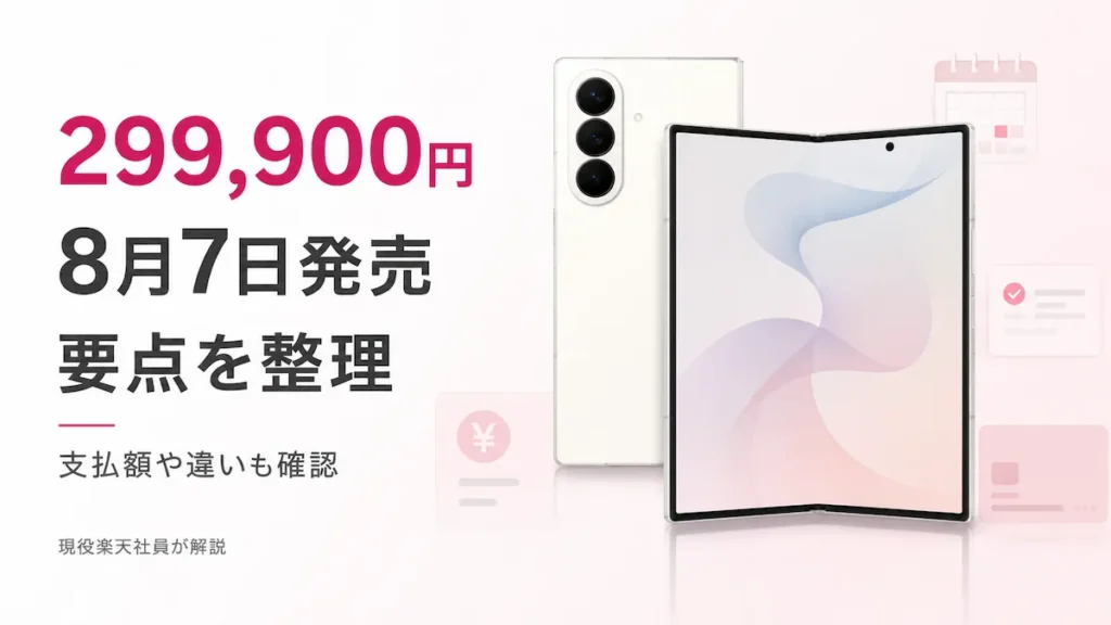 楽天モバイル Galaxy Z Fold8 Ultraの価格299,900円・8月7日発売・支払額の違いを解説するアイキャッチ画像