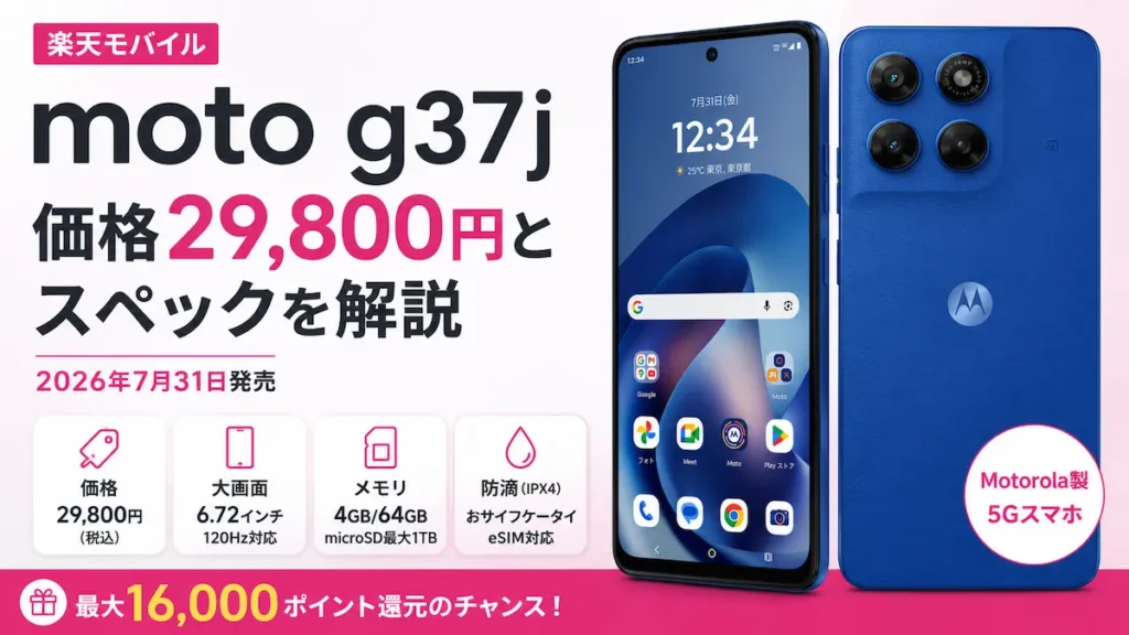 楽天モバイルのmoto g37jの価格29,800円と主要スペック、最大16,000ポイント還元を紹介するアイキャッチ画像