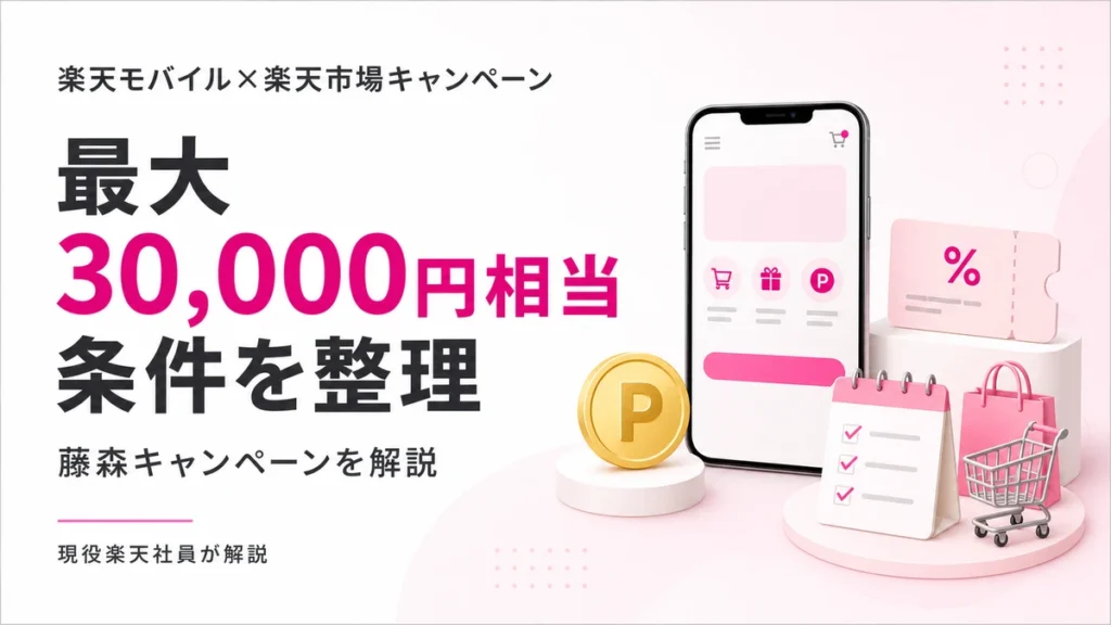 楽天モバイル×楽天市場キャンペーン（藤森キャンペーン）の最大30,000円相当の条件を整理したアイキャッチ