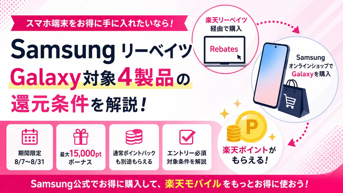 Samsung リーベイツを経由してSamsungオンラインショップでGalaxyを購入し、楽天ポイントを受け取る流れを整理したアイキャッチ
